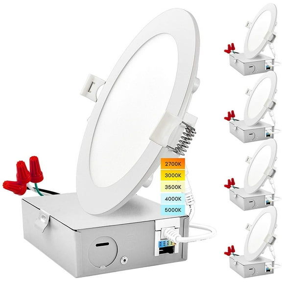 Luxrite 6 inch Ultra Thin LED Recessed Light with J-Box 12W 5 Color Selectable Dimmable 1000 Lumens IC Rated 4-Pack