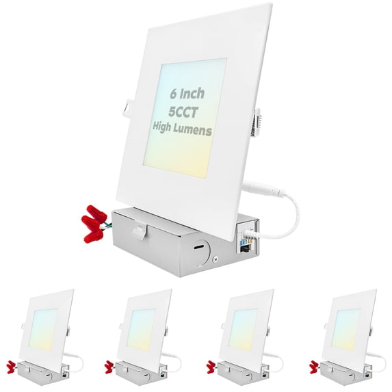 Luxrite 6 inch Ultra Thin Square LED Recessed Light with J-Box, 15W, 5 Color Selectable 2700K-5000K, 1400 Lumens, Dimmable, IC Rated 4-Pack