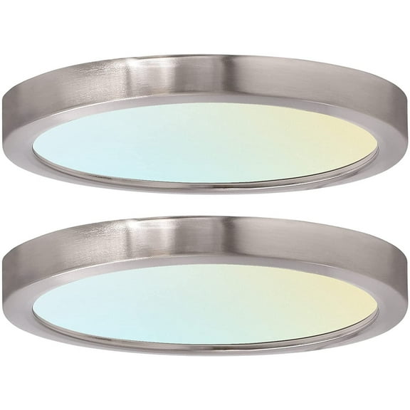 Luxrite 7 inch LED Flush Mount 15W 3 Color Selectable 3000K, 4000K, 5000K 900 Lumens Dimmable Damp Rated Brushed Nickel Trim 2-Pack