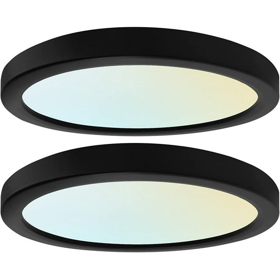 Luxrite 7 inch LED Flush Mount 15W 3 Color Selectable 3000K, 4000K, 5000K 900 Lumens Dimmable Round Damp Rated Black Trim 2-Pack