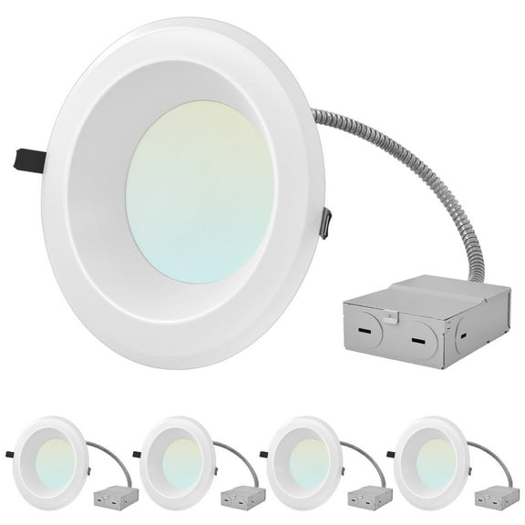 Luxrite 8 inch Commercial LED Recessed Light with J-Box, 25/29/33W, 4 Color Selectable, 2400/2700/3000 Lumens, Dimmable, Wet Rated 4-Pack