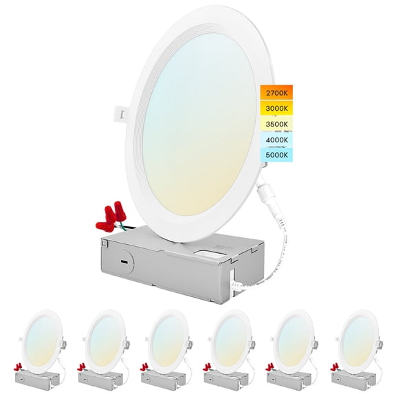 Luxrite 8 inch Ultra Thin LED Recessed Light J-Box 23W 5 Color Options Dimmable 1800 Lumens IC Rated Baffle 6 Pack