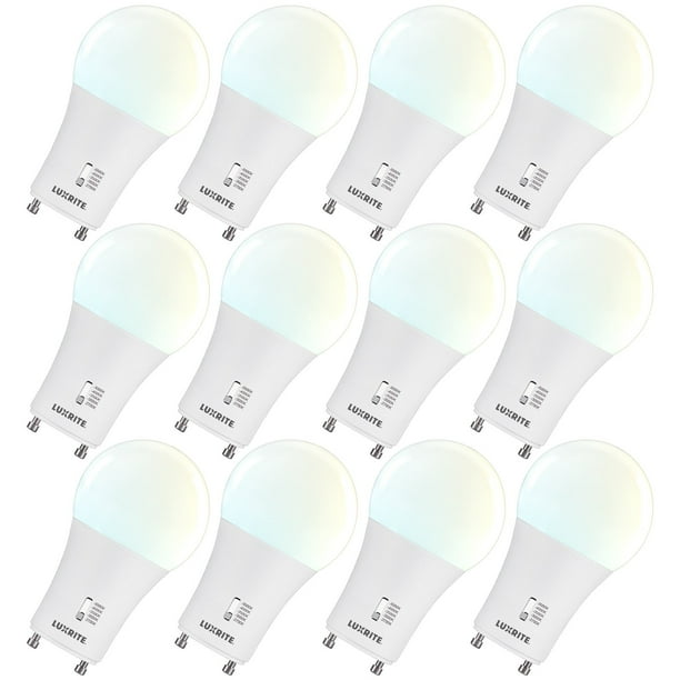 Luxrite A19 GU24 LED Bulb 60 Watt Equivalent 5CCT Dimmable 800 Lumens 9W Damp Rated ETL Listed 12 Pack