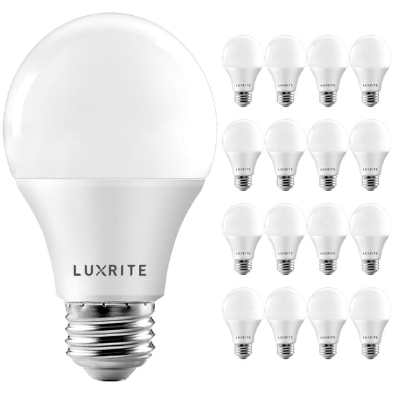 Luxrite A19 LED Bulb 60W Equivalent, 3500K Natural White, 800 Lumens, Dimmable, 9W, Enclosed Fixture Rated, E26 Base 16-Pack