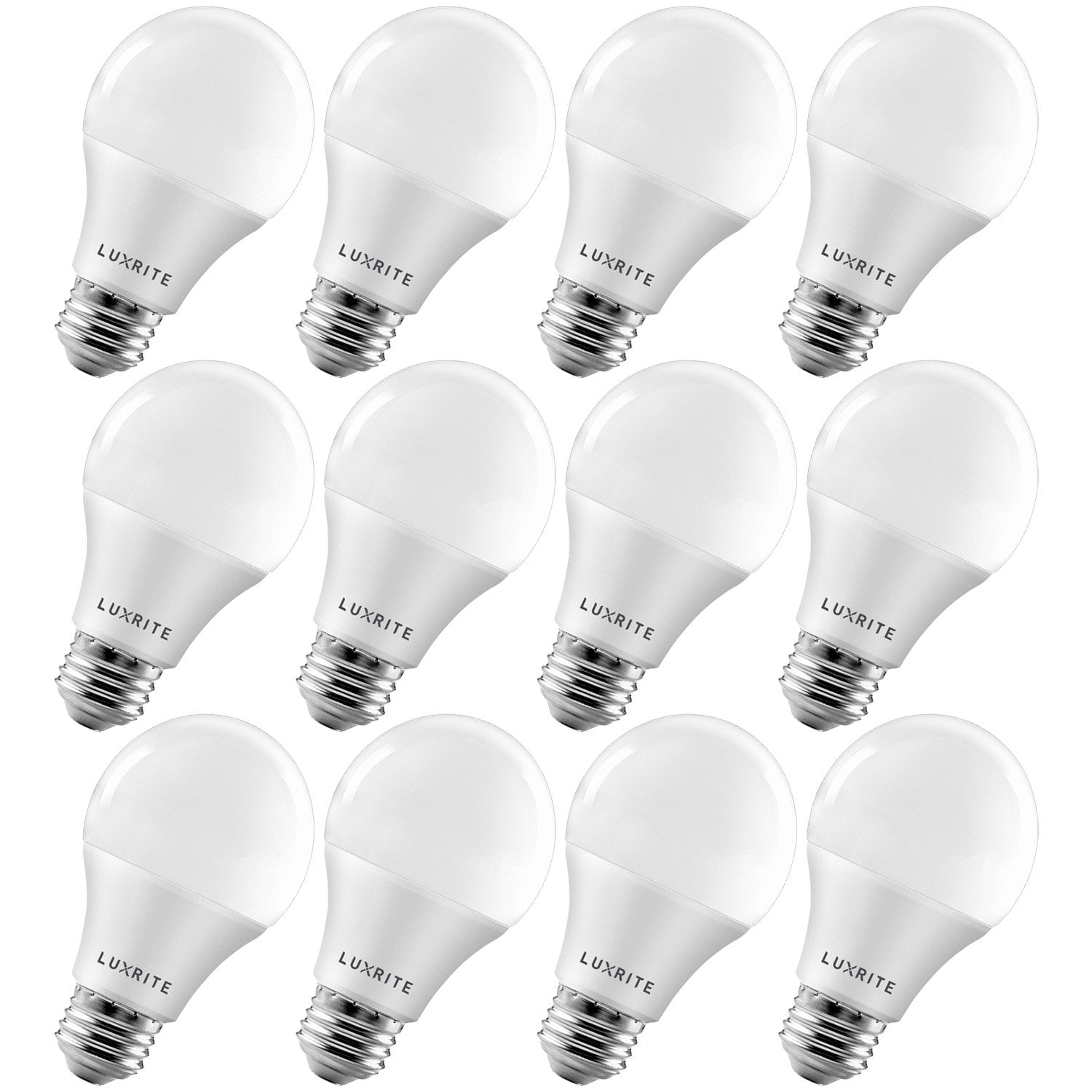 Luxrite A19 LED Dimmable Light Bulb 9W 60W Equivalent 3000K Soft White, 800 Lumens, E26 Base, 12-Pack