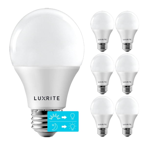 Luxrite A19 LED Dusk to Dawn Light Bulb Enclosed Fixture Rated 3000K Soft White 800 Lumens Damp Rated E26 6-Pack