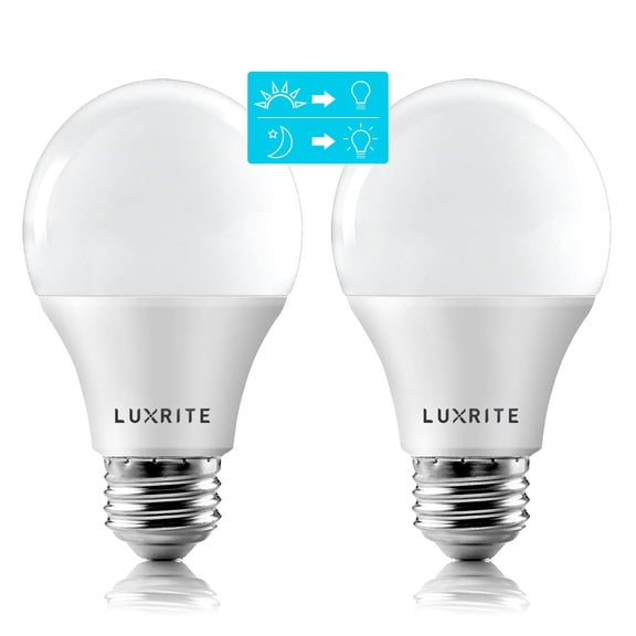 Luxrite A19 LED Dusk to Dawn Light Bulb Enclosed Fixture Rated 5000K Bright White 800 Lumens Damp Rated E26 2-Pack