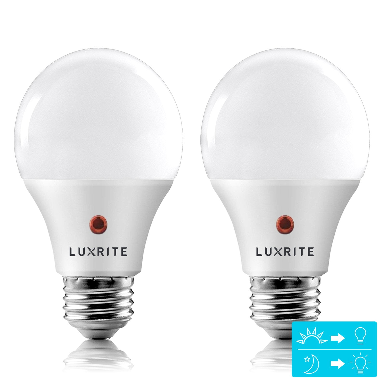Luxrite A19 LED Dusk to Dawn Light Bulb Enclosed Fixture Rated 5000K Bright White 800 Lumens Damp Rated E26 2-Pack