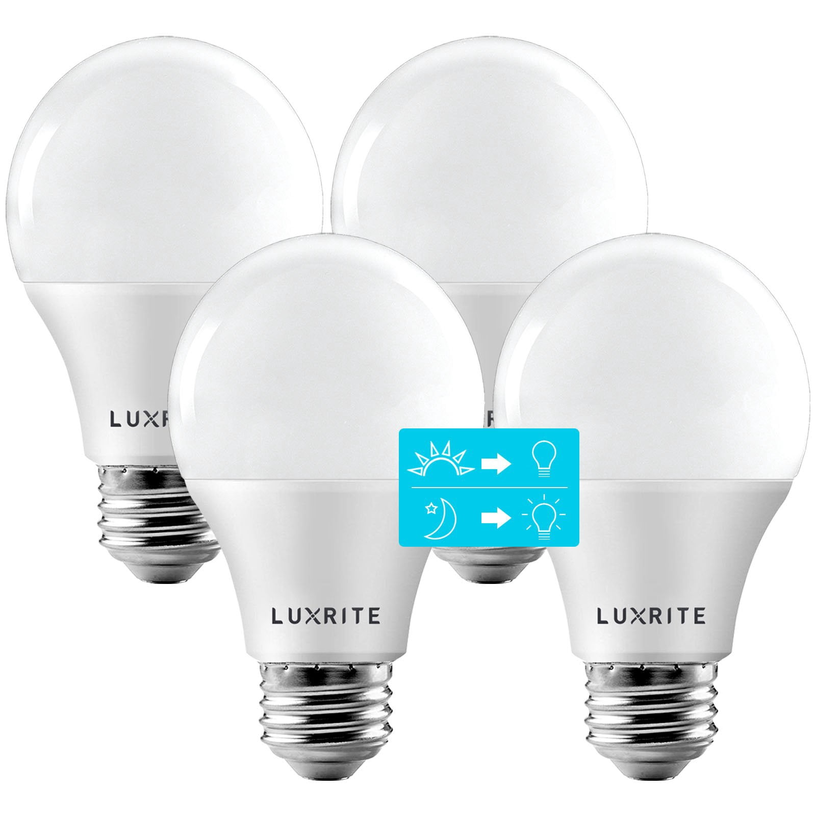 Luxrite A19 LED Dusk to Dawn Light Bulb Enclosed Fixture Rated 5000K Bright White 800 Lumens Rated E26 4-Pack