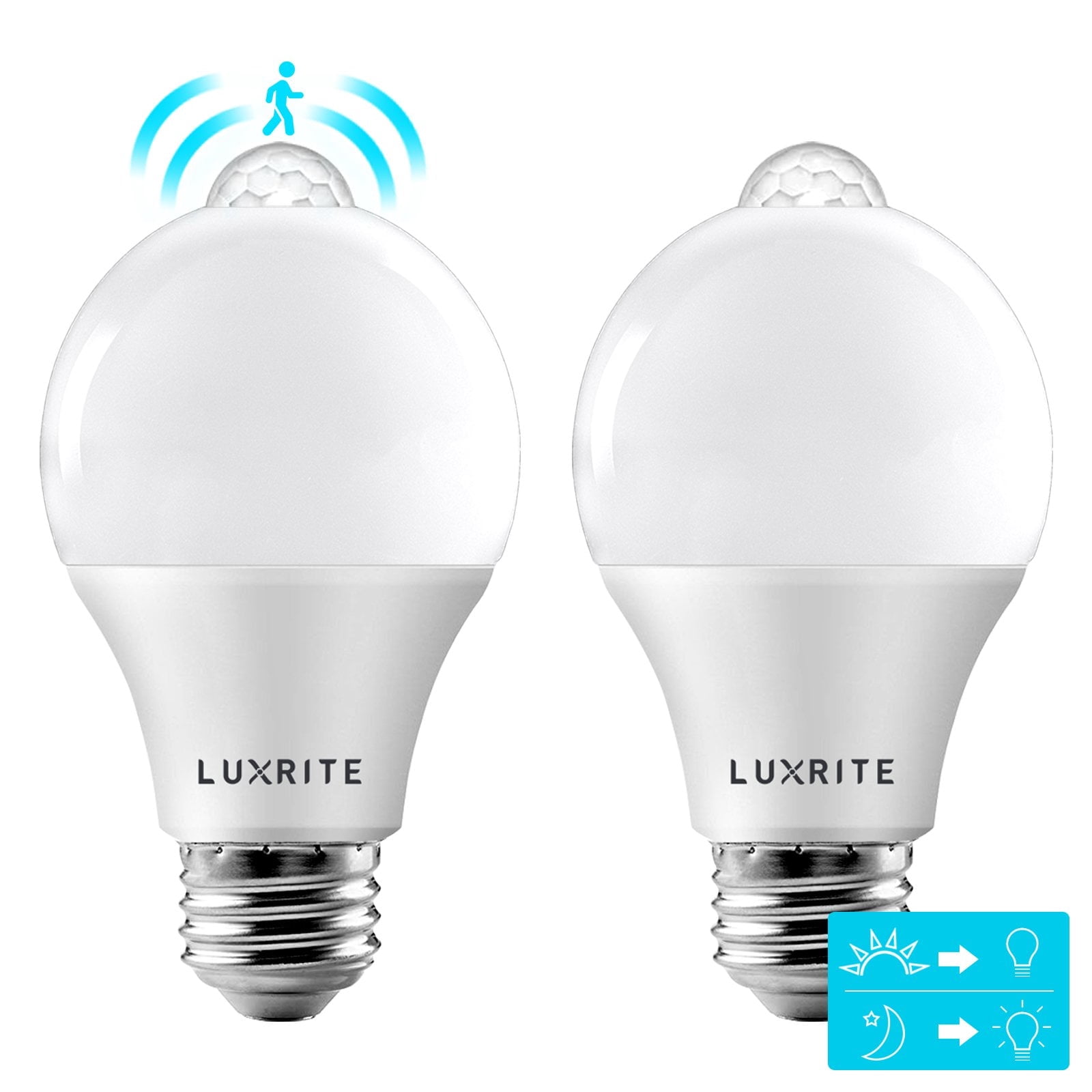 Luxrite A19 LED Dusk to Dawn Motion Sensor Security Light Bulb 3000K Soft White 800 Lumens UL Listed E26 2-Pack