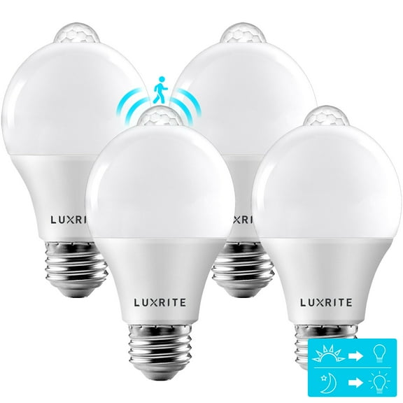 Luxrite A19 LED Dusk to Dawn Motion Sensor Security Light Bulb 3000K Soft White 800 Lumens UL Listed E26 4-Pack