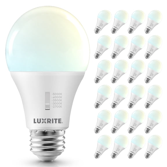 Luxrite A19 LED Light Bulb 11W=75W CRI90 5CCT 2700K-5000K Dimmable 1100 Lumens E26 Base Title CA20 ETL Listed 24 Pack