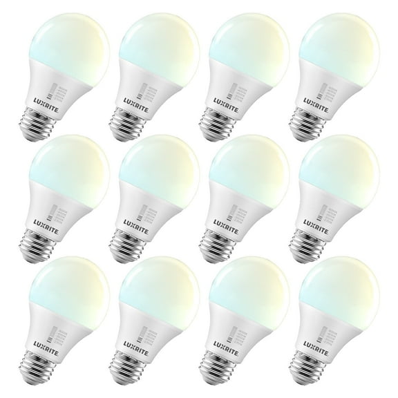 Luxrite A19 LED Light Bulb 60 Watt Equivalent CRI90 5CCT Dimmable 800LM 9W E26 Base ETL 12 Pack