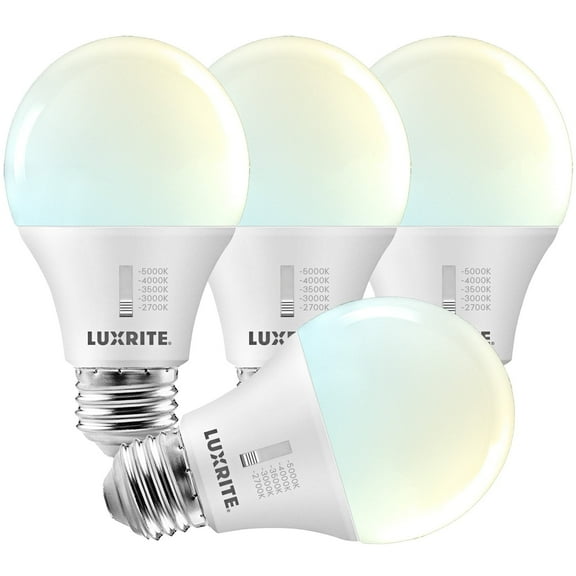 Luxrite A19 LED Light Bulb 60 Watt Equivalent CRI90 5CCT Dimmable 800LM 9W E26 Base ETL 4 Pack