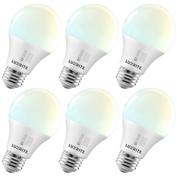 Luxrite A19 LED Light Bulb 60 Watt Equivalent CRI90 5CCT Dimmable 800LM 9W E26 Base ETL 6 Pack