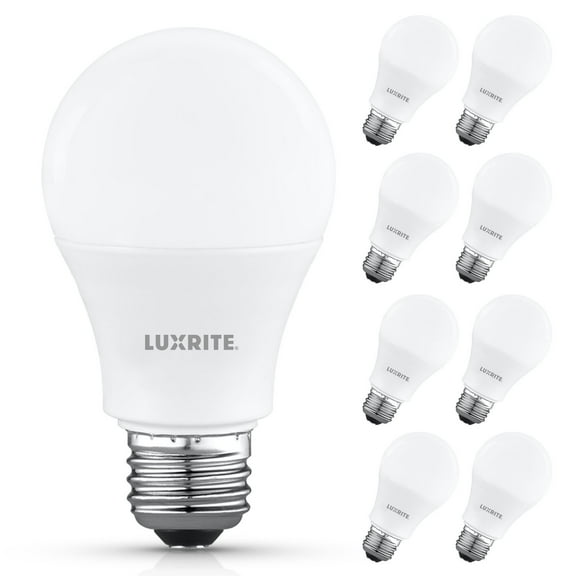 Luxrite A19 LED Light Bulb 9.5W=75W 5000K 1100 Lumens Non-Dimmable E26 Base Enclosed Fixture Rated Damp Rated ETL 8-Pack