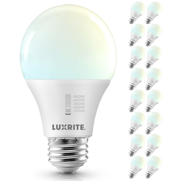 Luxrite A19 LED Light Bulb 9W=60W CRI90 5CCT 2700K-5000K Dimmable 800 Lumens E26 Base Title CA20 ETL Listed 16 Pack