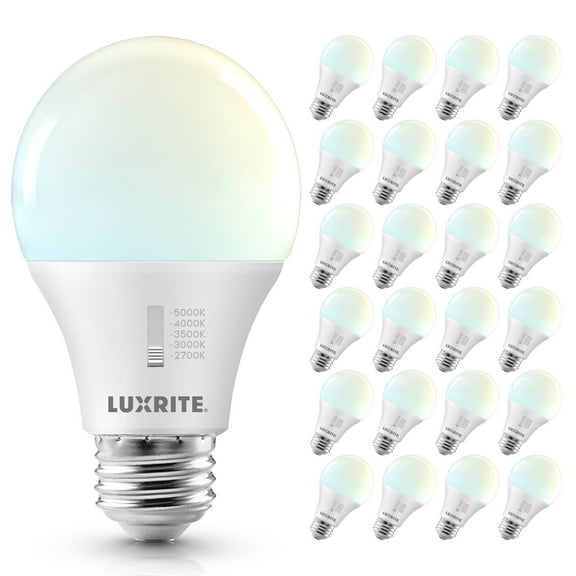 Luxrite A19 LED Light Bulb 9W=60W CRI90 5CCT 2700K-5000K Dimmable 800 Lumens E26 Base Title CA20 ETL Listed 24 Pack