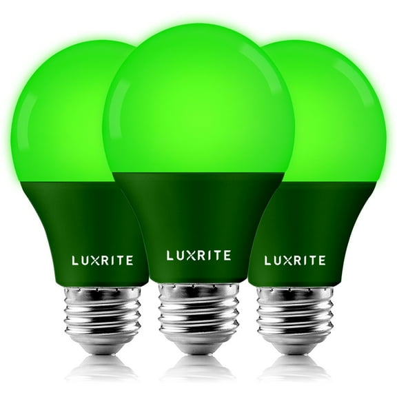 Luxrite A19 Yellow LED Bug Light Bulbs 8W Non-Dimmable UL Listed E26 Indoor Outdoor Porch Deck Home Lighting 3 Pack Green