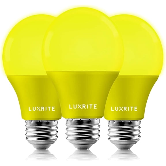 Luxrite A19 Yellow LED Bug Light Bulbs 8W Non-Dimmable UL Listed E26 Indoor Outdoor Porch Deck Home Lighting 3 Pack Yellow