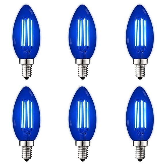 Luxrite E12 LED Filament Blue Light Bulb, 4.5W=40W, Colored Glass Candelabra Bulb, UL, E12, Decoration, Party 6 Pack