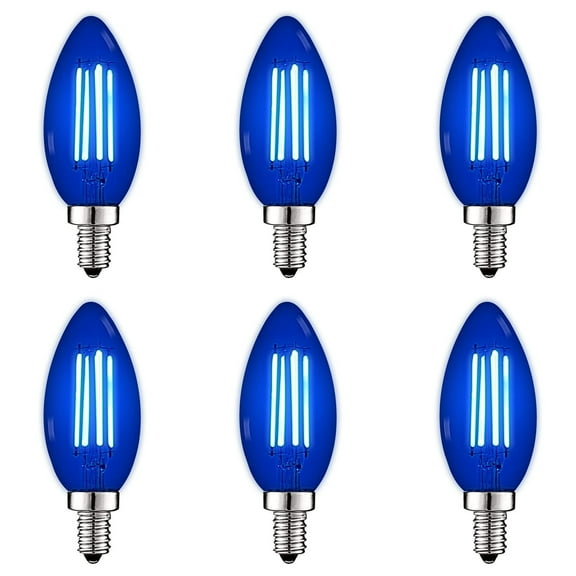 Luxrite E12 LED Filament Blue Light Bulb, 4.5W=40W, Colored Glass Candelabra Bulb, UL, E12, Decoration, Party 6 Pack