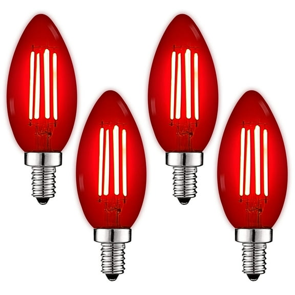 Luxrite E12 LED Filament Red Light Bulbs, 4.5W=40W, Colored Glass Candelabra Bulb, UL, E12, Decoration, Party 4 Pack