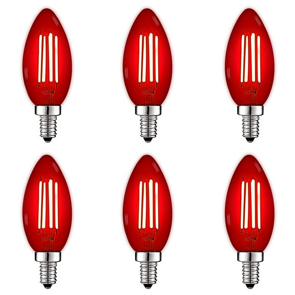 Luxrite E12 LED Filament Red Light Bulbs, 4.5W=40W, Colored Glass Candelabra Bulb, UL, E12, Decoration, Party 6 Pack