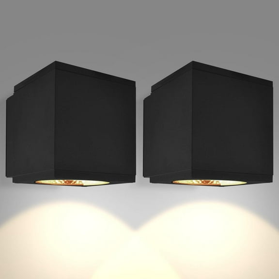 Luxrite LED Up or Down Outdoor Cube Wall Light, Modern Black Wall Sconce, 3CCT Selectable 3000K 4000K 5000K, 15W, Anti-Rust Aluminum, IP65 Waterproof, ETL, Outside Porch Lights, Patio, Garage 2-Pack
