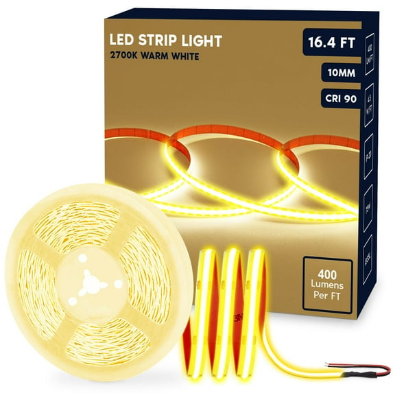 Luxrite LED Strip Lights 16.4FT, 2700K Warm White, 10mm, 400 Lumens/FT, Cut to Length, 4.5W/FT, CRI 90, UL Listed