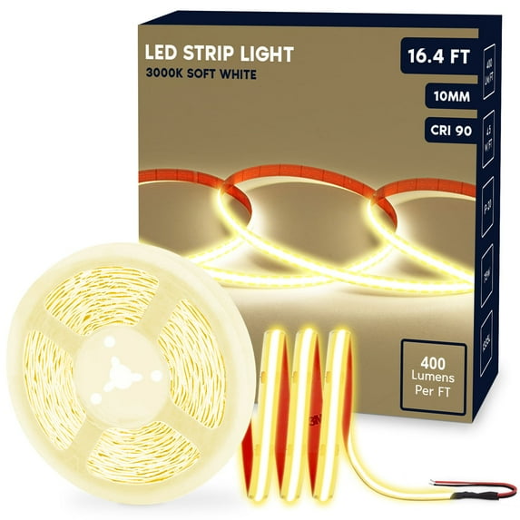 Luxrite LED Strip Lights 16.4FT, 3000K Soft White, 10mm, 400 Lumens/FT, Cut to Length, 4.5W/FT, CRI 90, UL Listed