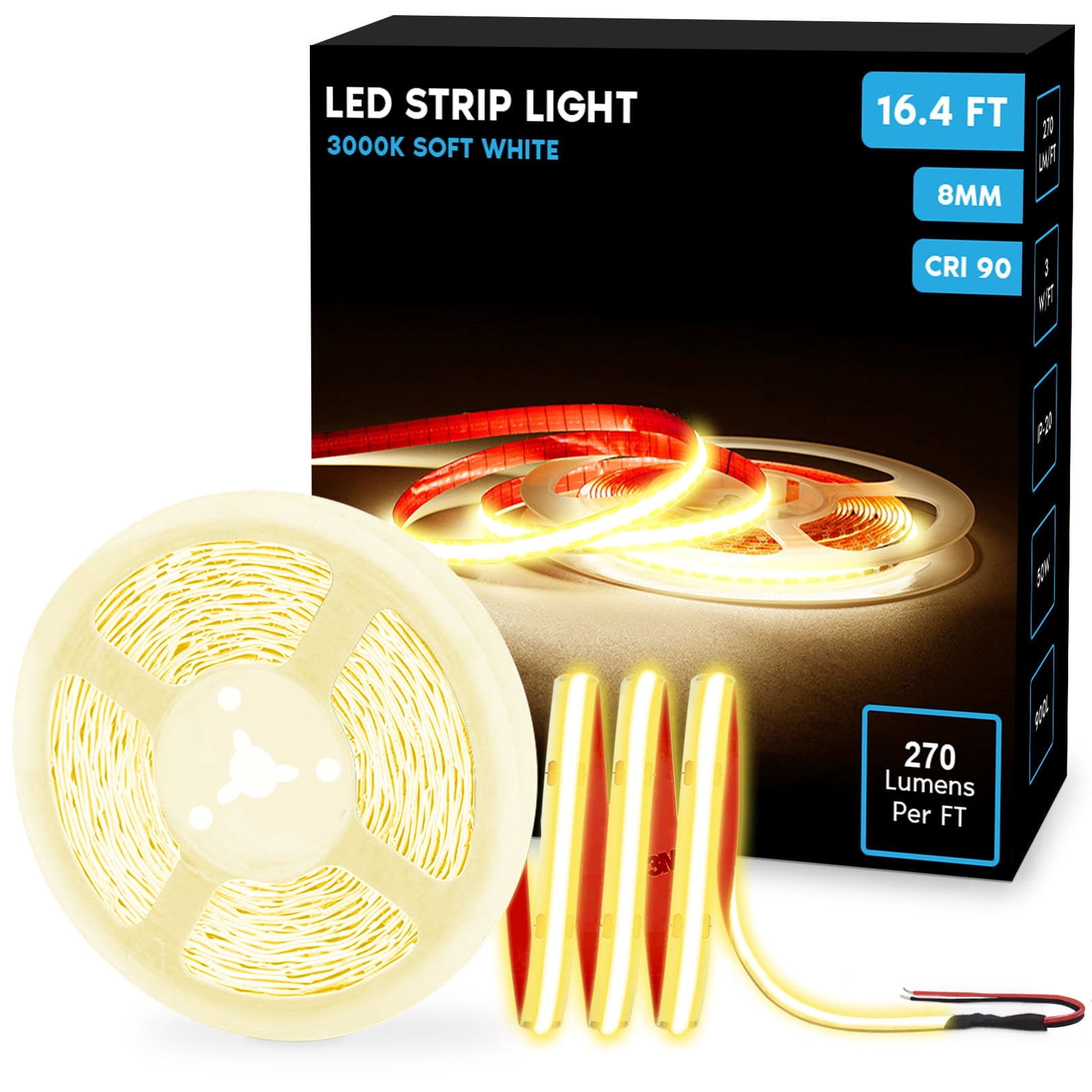 Luxrite LED Strip Lights 16.4FT, 3000K Soft White, 8mm, 270 Lumens/FT, Cut to Length, 3W/FT, CRI 90, UL Listed