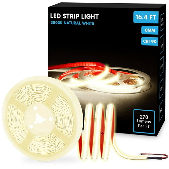 Luxrite LED Strip Lights 16.4FT, 3500K Natural White, 8mm, 270 Lumens/FT, Cut to Length, 3W/FT, CRI 90, UL Listed