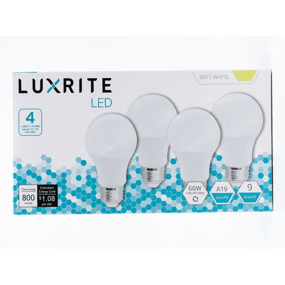 Luxrite LR21425 LED Light Bulb 9W (60W Equivalent) Soft White A19 Light Bulbs, 4-Pack