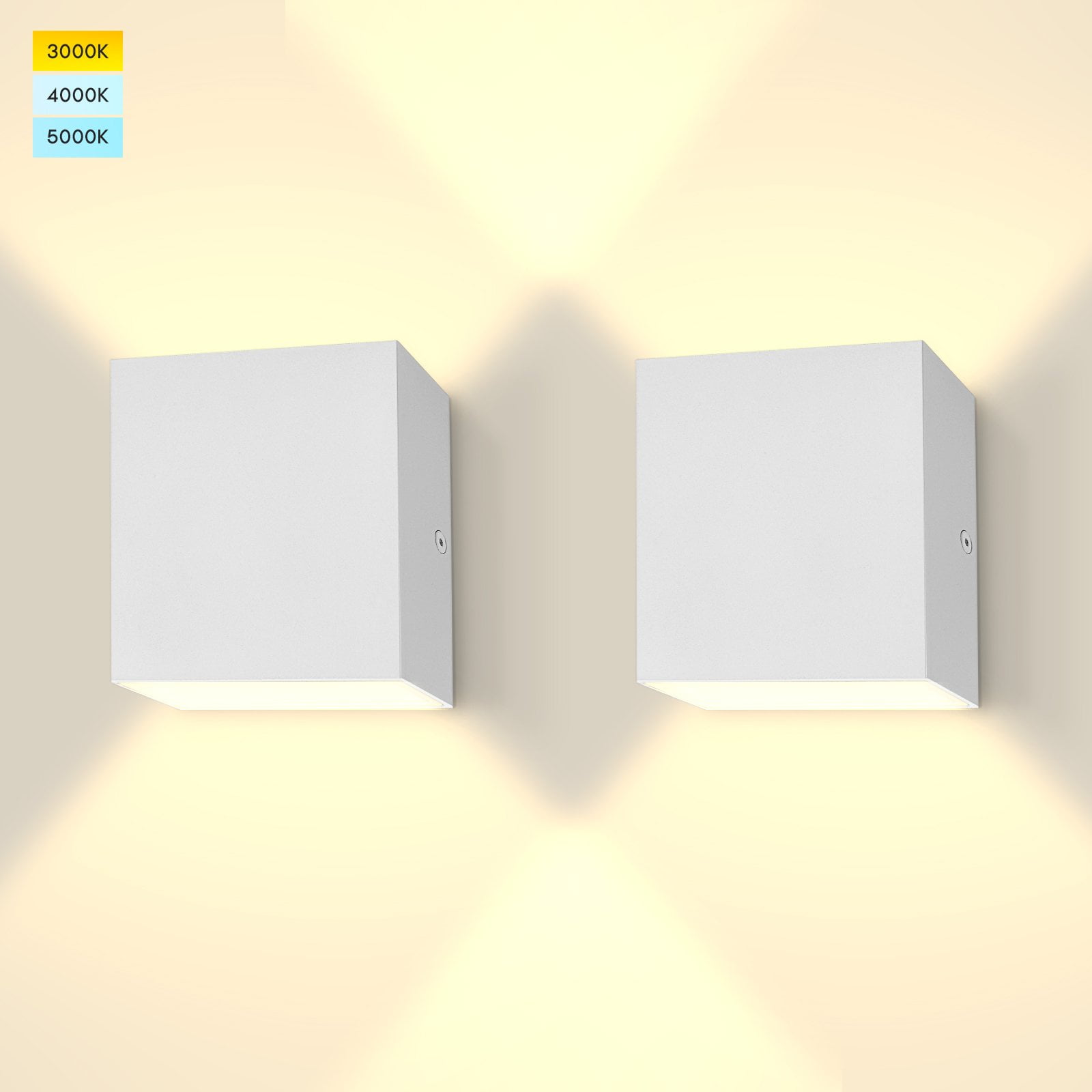 Luxrite Square LED Up and Down Wall Sconces Set of 2, 3 Color Selectable, 15W, 1000 Lumens, Wet Rated - White