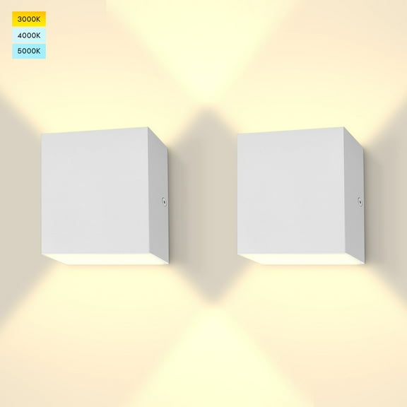 Luxrite Square LED Up and Down Wall Sconces Set of 2, 3 Color Selectable, 15W, 1000 Lumens, Wet Rated - White
