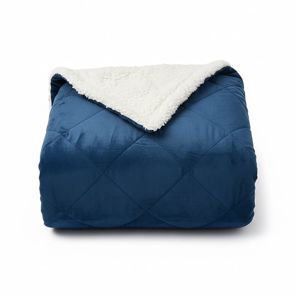 Luxry Cozy Soft Square Quilted Throw Blanket and Back Fleece, Navy Blue