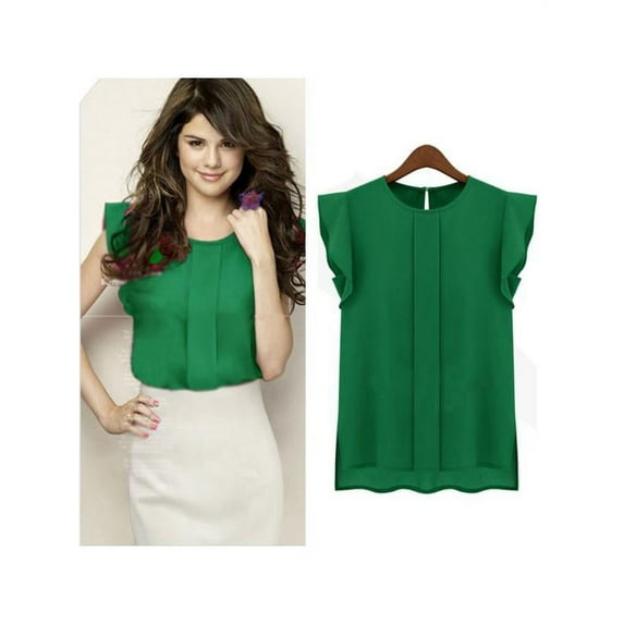 Luxsea Women Candy Color Chiffon Round Collar Sleeveless Ruffle Loose Shirt Blouse Tops