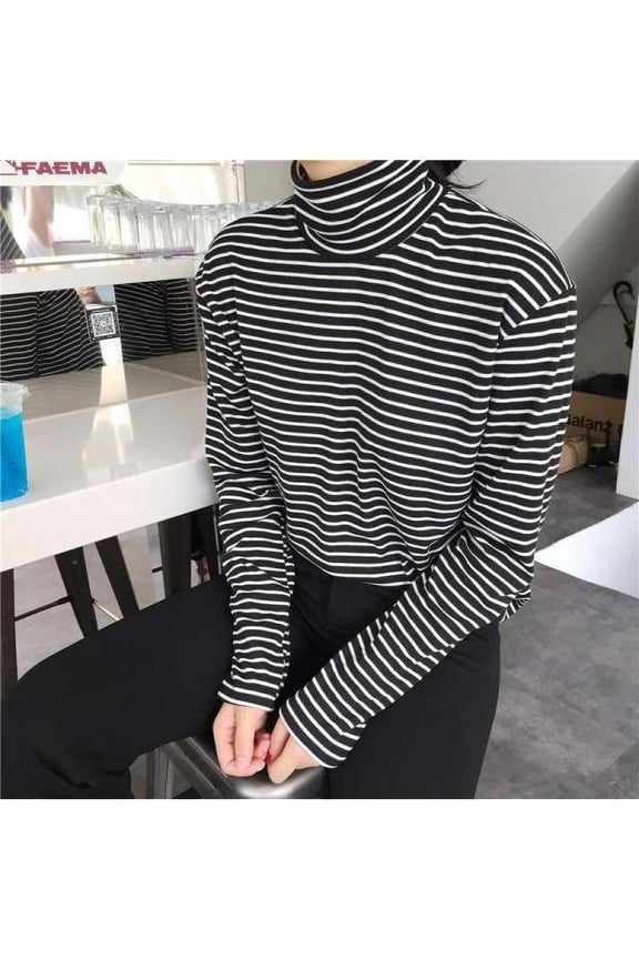 Women Fashion Turtleneck Striped Hipster Slim Fit Pullover Long Sleeve T-Shirt Top