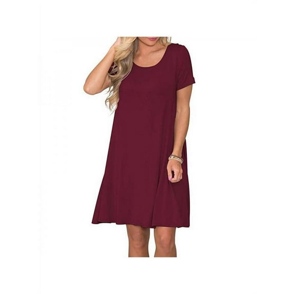 Luxsea Women Summer Fashion Round Neck Solid Color Casual Pocket Short Sleeve Dress