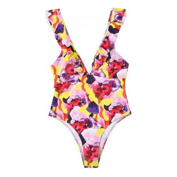 Luxsea Women's Deep V One Piece Swimsuit With Ruffle Collar Printing