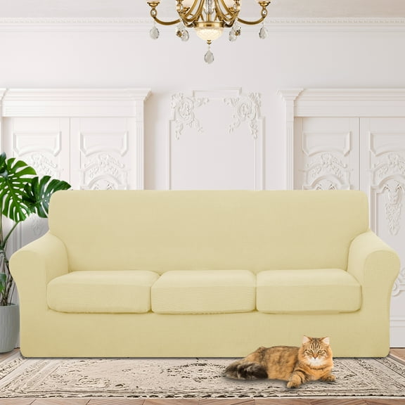 Luxshare Home 4 Pieces Stretch Couch Cover for 3 Cushion Furniture Protector Sofa Covers Washable Pet Dog Friendly Non Slip cover with Elastic Bottom(72"-92" Sofa/Beige)