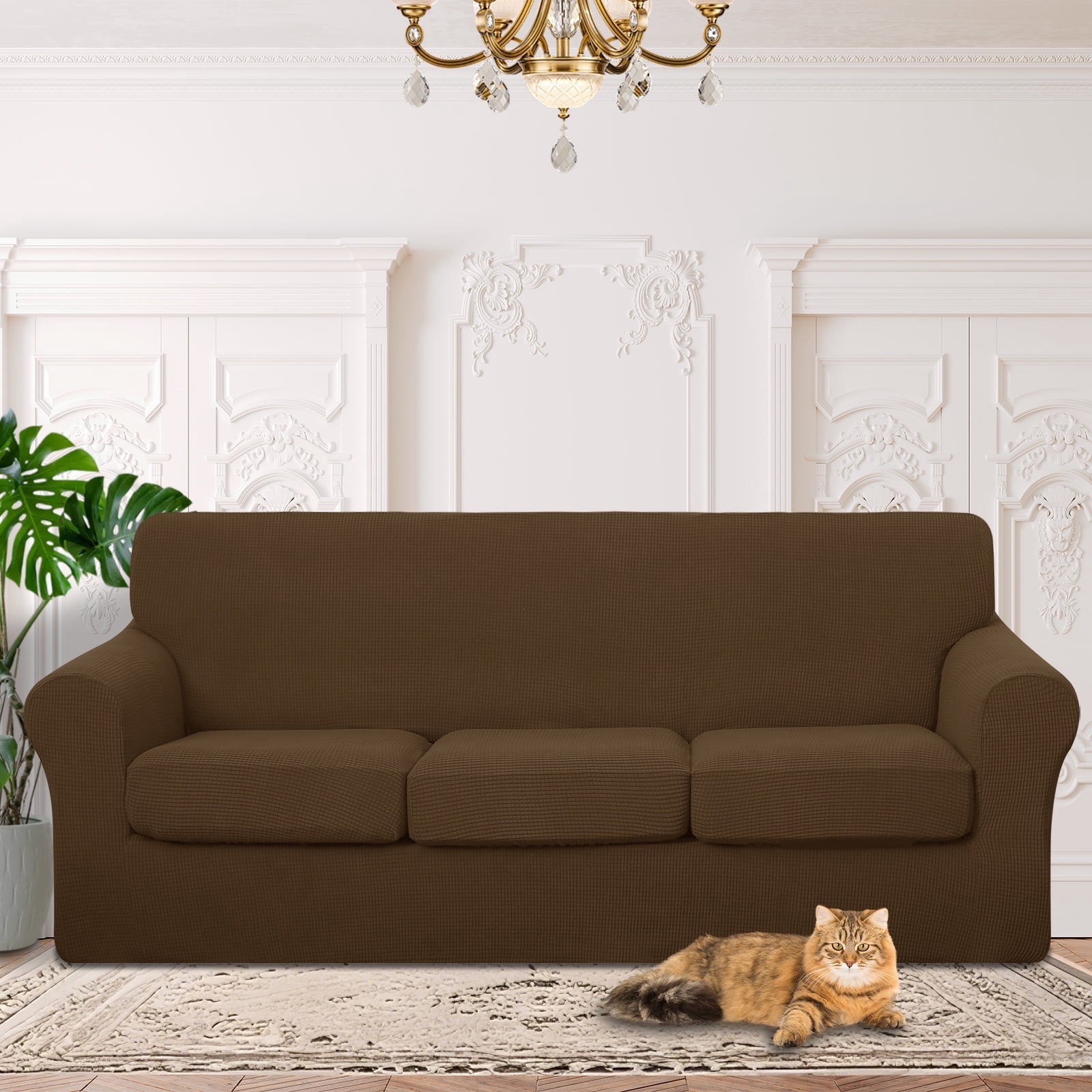 Luxshare Home Stretch Couch Cover for 3 Cushion Furniture Protector Sofa Covers Washable Pet Non Slip cover with Elastic Bottom(Sofa/Brown)