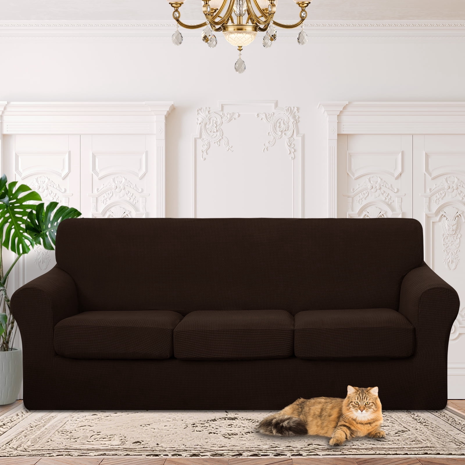 Luxshare Home Stretch Couch Cover for 3 Cushion Furniture Protector Sofa Covers Washable Pet Non Slip cover with Elastic Bottom(Sofa/Chocolate)