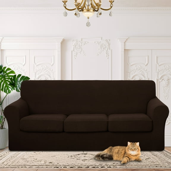 Luxshare Home 4 Pieces Stretch Couch Cover for 3 Cushion Furniture Protector Sofa Covers Washable Pet Dog Friendly Non Slip cover with Elastic Bottom(72"-92" Sofa/Chocolate)