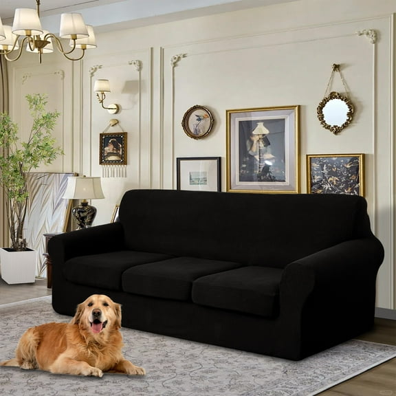 Luxshare Home 4 Pieces Stretch Oversized Sofa Slipcovers Couch Cover for 3 Cushion Furniture Protector Pet Dog Friendly Washable Non Slip cover with Elastic Bottom(92"-108"XL Sofa/Black)
