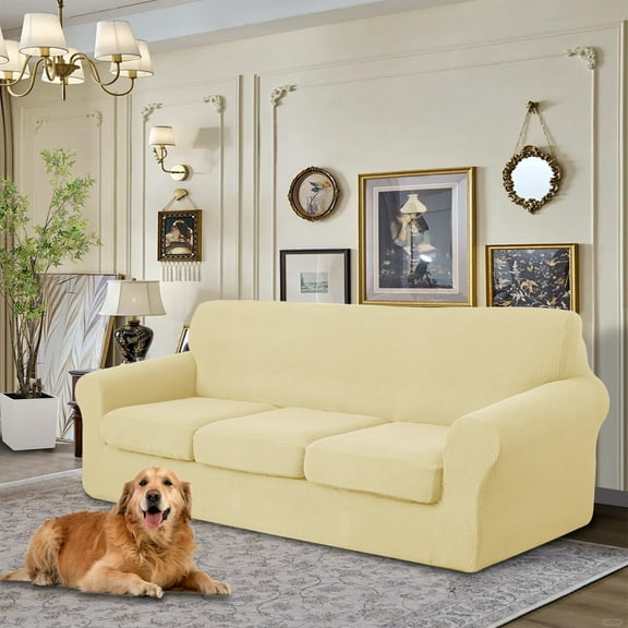 Luxshare Home 4 Pieces Stretch Oversized Sofa Slipcovers Couch Cover for 3 Cushion Furniture Protector Pet Dog Friendly Washable Non Slip cover with Elastic Bottom（92"-108"XL Sofa/Beige)