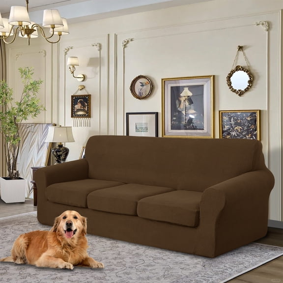 Luxshare Home 4 Pieces Stretch Oversized Sofa Slipcovers Couch Cover for 3 Cushion Furniture Protector Pet Dog Friendly Washable Non Slip cover with Elastic Bottom(92"-108"XL Sofa/Brown)