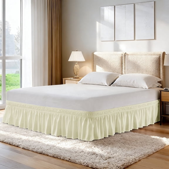 Luxshare Home Elastic Wrap Around Dust Ruffle Bed Skirt With Drop Easy Fit Elastic Strap For Queen, Cream