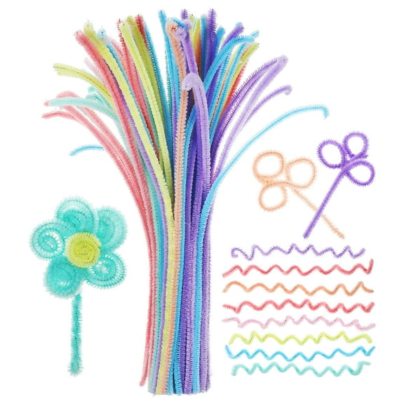 Luxshiny 100Pcs Bendable Chenille Wire Flexible Fuzzy Craft Sticks Assorted Colors for Creative Crafting
